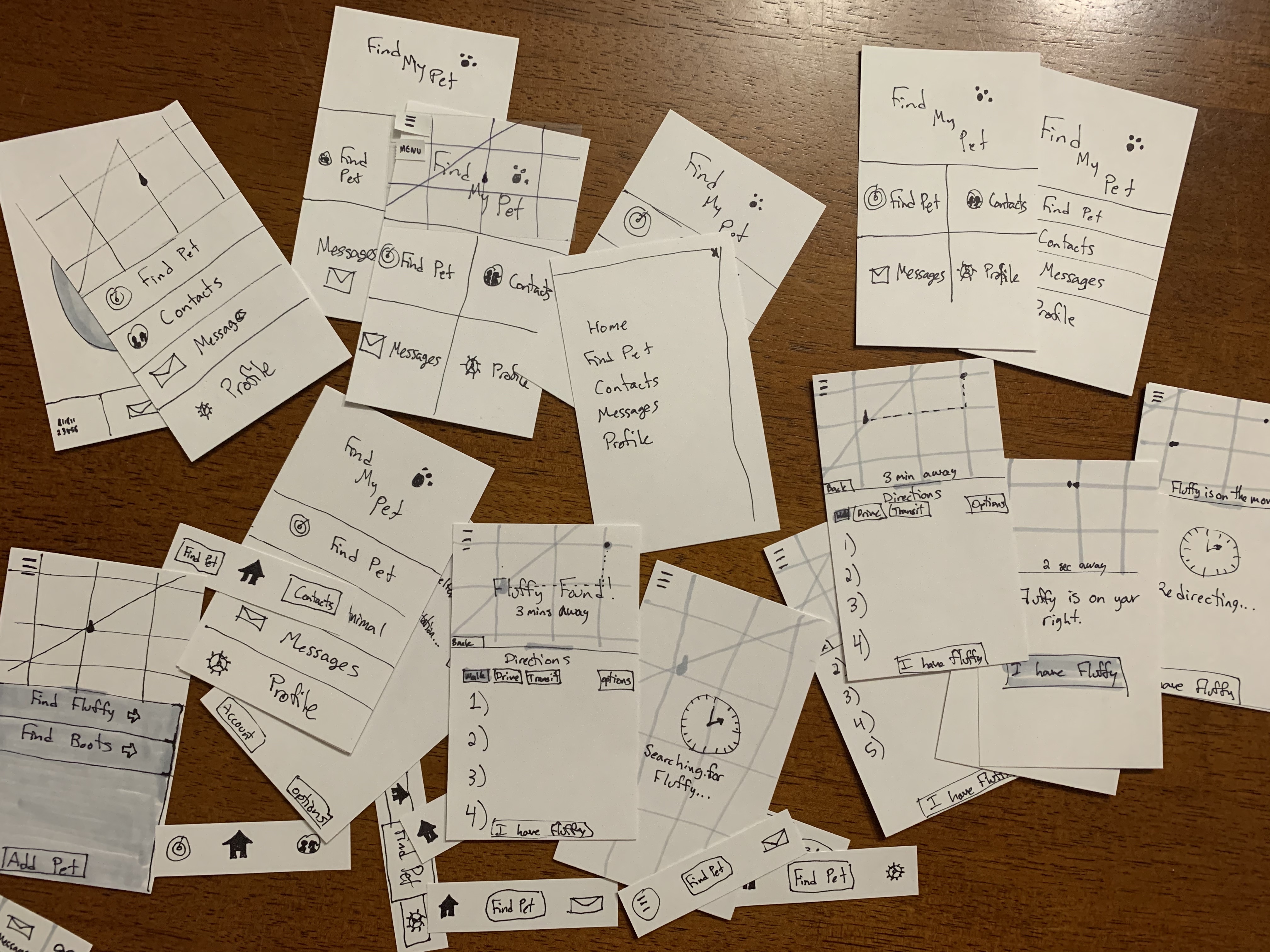 Paper prototypes of Find My Pet application.