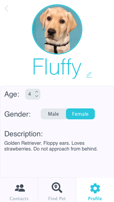 Find My Pet application pet profile screen.
