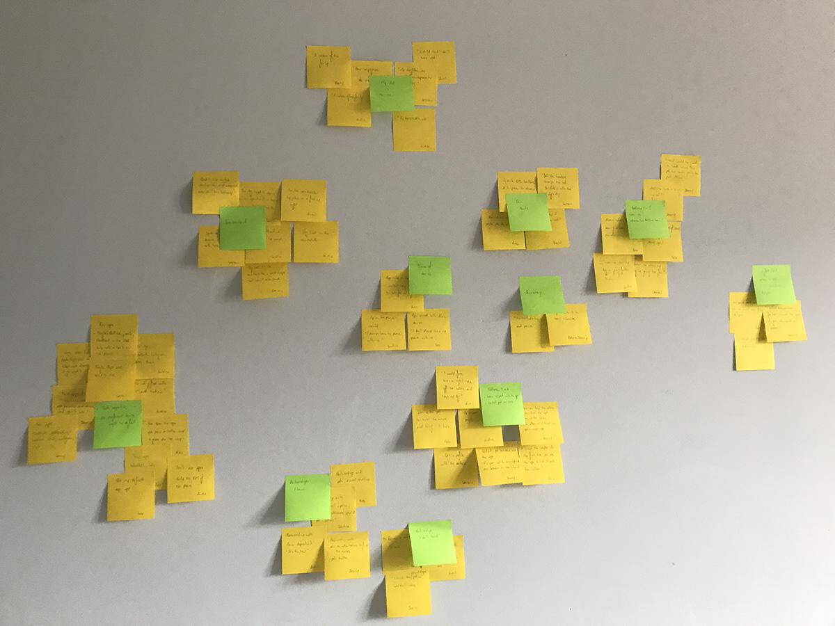 Affinity sorting of user research for Find My Pet application.